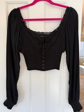 Forever 21 Black Lace-Trim Smocked Crop Top